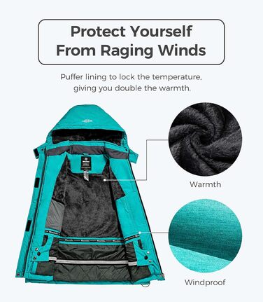 Жіноча гірськолижна куртка Wantdo, тепла флісова куртка, водонепроникна, дихаюча, з капюшоном, вітрозахисна, темно-бірюзова, розмір L