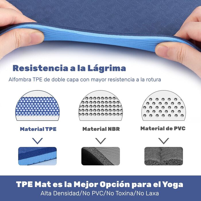 Килимок для йоги з TPE, 183x61 см, 6 мм, неслизький, для йоги, пілатесу, фітнесу, реабілітації, синій