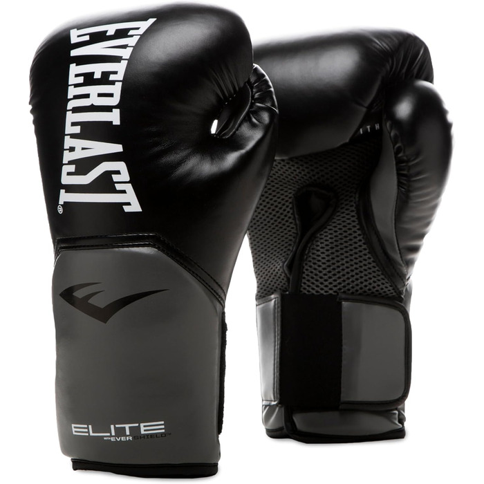 Боксерські рукавички Everlast Elite 2 (14 oz) для мішка, спарингу та роботи з лапами, чорно-сірі, з липучкою та ергономічним грифом