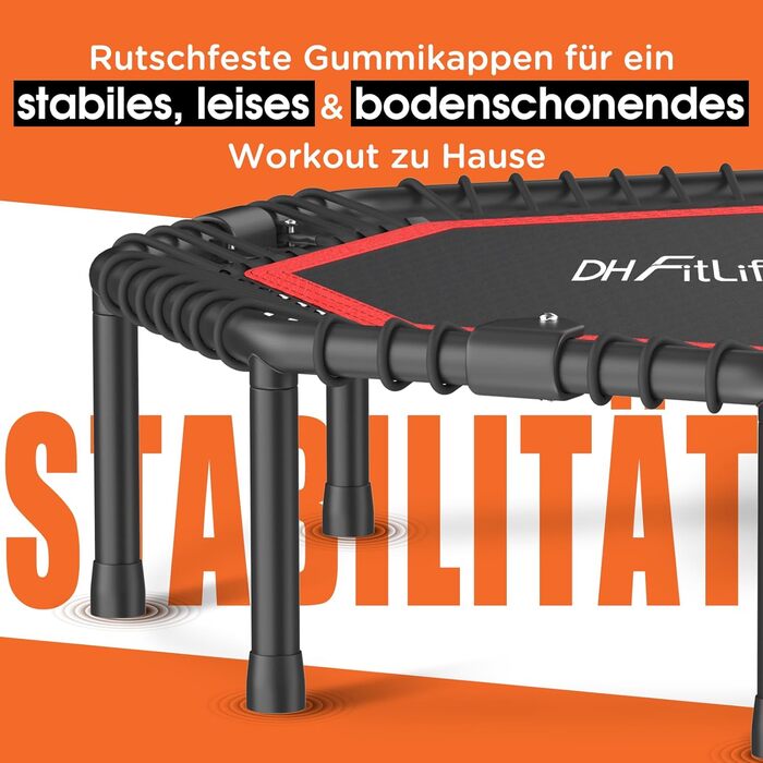 Трамплін для фітнесу DH FitLife, складаний, з тихою гумовою пружинною системою, без встановлення. Діаметр 115/128 см (45/50 дюймів), для занять в приміщенні та на вулиці, з 3 регульованими рівнями ручки.