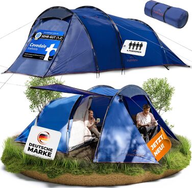 Намет Trailvista® Cevedale Zelt для 4 осіб: водонепроникний, легкий, швидко встановлюється, з тамбуром. Сімейний тунельний намет для кемпінгу, блакитний