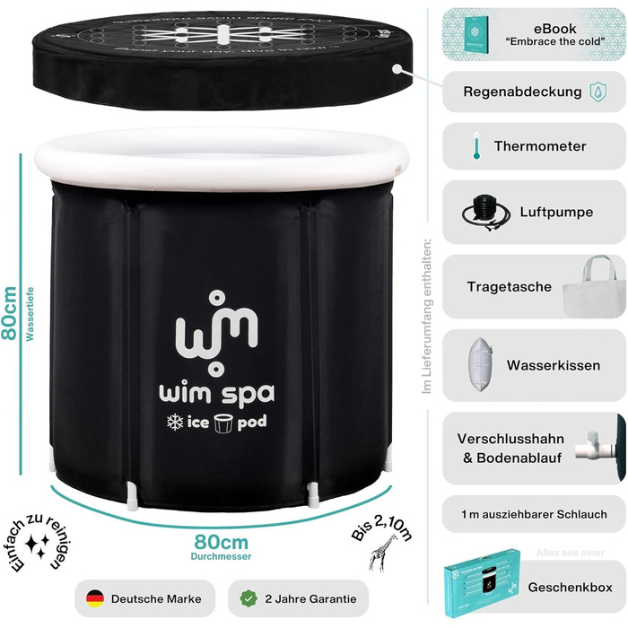 Ice Pod XL від Wim Spa: складане ізольоване ice bath (80 см Ø) для холодної терапії, з термометром та eBook, включає дощовий чохол