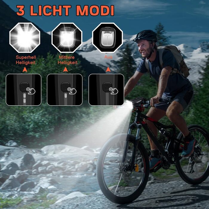 Набір LED-ліхтарів для велосипеда: передній ліхтар (60/35 LUX, 2 режими), задній ліхтар (4 LUX, 1 режим), USB-C зарядка, IPX5 водостійкість