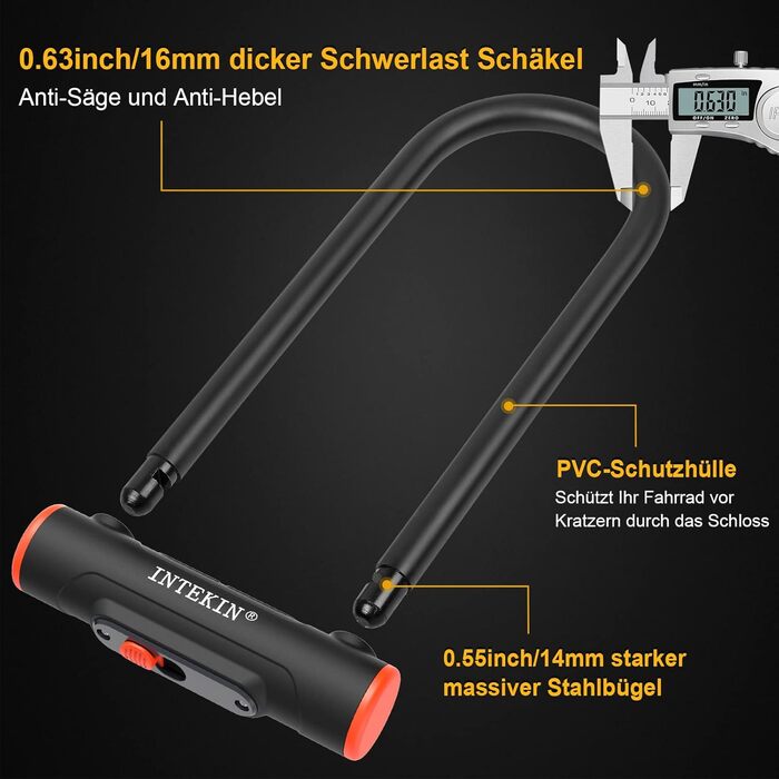 Замок для велосипеда U-подібний з кріпленням, 16 мм, 3 ключі, висока безпека, міцний, для мотоцикла, електровелосипеда, гірського велосипеда, скутера, внутрішні розміри 24,3 x 8,9 см
