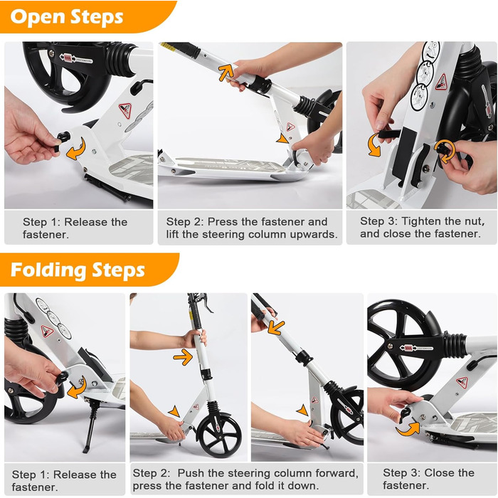 Дитячий складаний самокат з великими колесами 200 мм, дискові гальма, регульована висота, з ремінним ременем, для дітей 8-15 років (Білий)