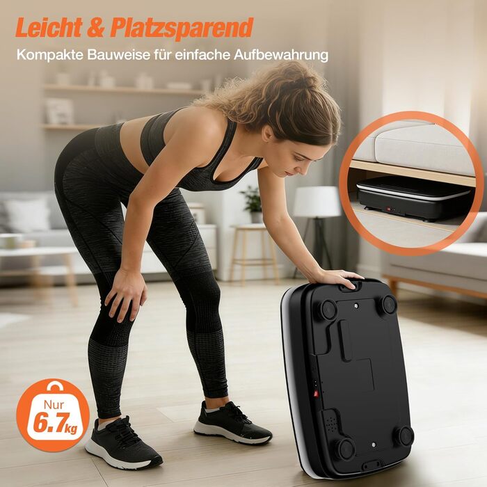 Вібраційна платформа DH FitLife для дому | Рюттельплатта з 0–99 рівнями та таймером | 9 автоматичних програм | Тиха вібраційна платформа з присосками | Підсвічування та Bluetooth-динамік | З ременями | Макс. 150 кг