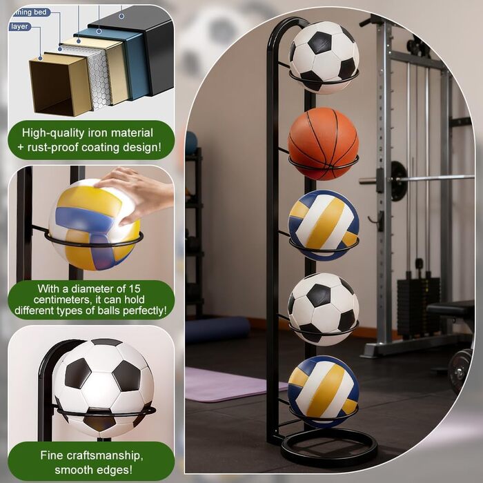 Стійка для м'ячів 5 ярусів, металева - органайзер для баскетболів та інших м'ячів (чорний)