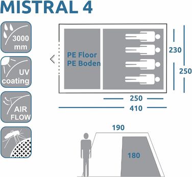 Намет кемпінговий your GEAR Mistral Tunnel для 4-6 осіб, сірий/синій. З висотою для стояння, UV 50+ захистом, водонепроникність 3000 мм. Сімейний намет для відпочинку.