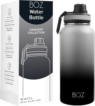 Термобутилка BOZ з нержавіючої сталі 1л, герметична, ізольована, BPA-free, для газованої води та спорту, чорний градієнт