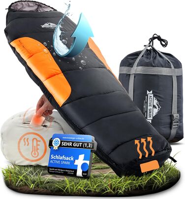 Спальний мішок ACTIVE SPARK 3 сезони - зимовий, літній, водонепроникний, дихаючий, з кишенею для грілки, для кемпінгу, чорний/оранжевий