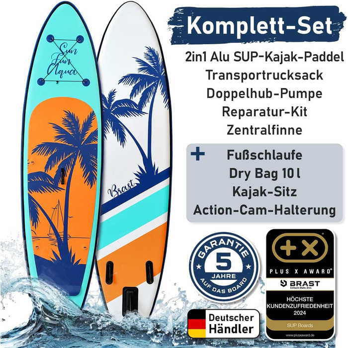Надувний SUP Борд BRAST Tropic | Комплект для станд ап паддлбордингу | 320x81x15 см | 6 дизайнів | 5 років гарантії | з аксесуарами | 2в1: SUP та каяк | тримач для Action-Cam, лапка, насос, рюкзак | Гаваї
