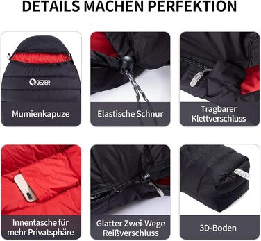 Спальний мішок для дорослих та дітей, зимовий, легкий, Outdoor 8°C ~ -30°C, для кемпінгу та альпінізму, 650 FP гусячий пух, 500г, чорний