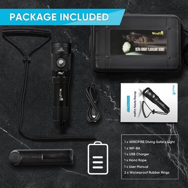 Водонепромісний ліхтар WINDFIRE Tauchschein для дайвінгу та снорклінгу, IPX8, 4 режими, індикатор заряду, перезаряджається