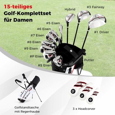 Комплект жіночих гольф-ключок COSTWAY, 9/11-ти частинний, для правші, з чохлом від дощу, 1 драйвер, 3 фейрвеї, 4 гібриди, 6/7/8/9/P ірон, паттер, червоний, 15 частин