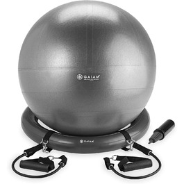 Гімнастичний м'яч Gaiam Essentials 65 см з базою, сірий, для йоги та фітнесу, з кільцем-основою, для офісу та дому, з насосом і резинкою опору
