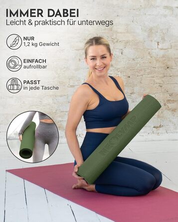 Килимок для йоги NEOLYMP - неслизький, для захисту суглобів - 183x61 см - PVC - для йоги, пілатесу - з E-book та відео-упражненнями (оливковий)