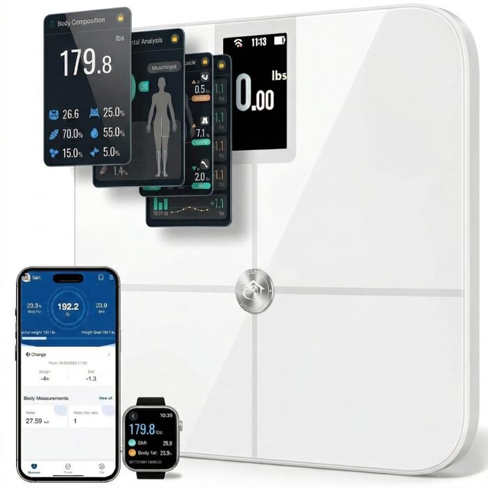 Розумні ваги Body Smart: Bluetooth/Wi-Fi, аналіз складу тіла (жир, м'язи, BMI), вага немовлят, TFT-LCD, до 25 показників, до 180 кг, білі
