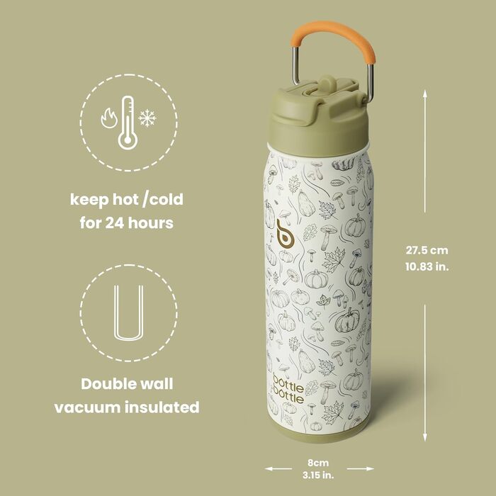 Термос пляшка bottlebottle з нержавіючої сталі 709 мл зі зручною ручкою, трубочкою та відділенням для пігулок, ізольована спортивна пляшка для школи та активного відпочинку (гарбузовий колір)