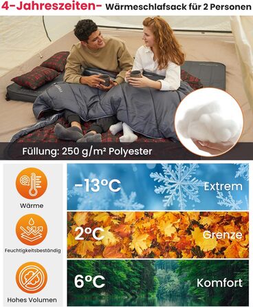 Сплячий мішок KingCamp для 2 осіб з фланелі, зимовий, 3-4 сезони, з подушками, для кемпінгу та відпочинку на природі (сірий)