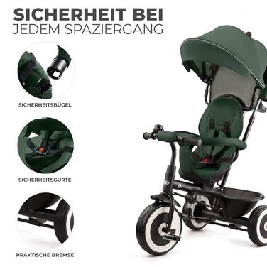 Триколісний велосипед Kinderkraft ASTON для дітей від 9 місяців до 25 кг з батьківською ручкою, поворотним сидінням, сонцезахисним козирком, тримачем для напоїв та кошиком (зелений)