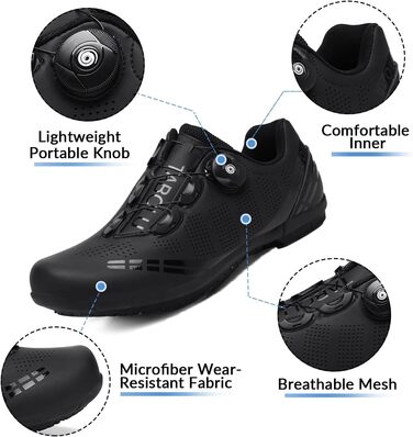Велотуфлі для чоловіків та жінок: шосейні та MTB, з гумовою підошвою, дихаючі кросівки, антиковзкі, без застібок, розміри 36-47 EU, 43 EU, чорний