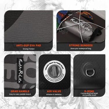 Надувний SUP-борд FEATH-R-LITE для дорослих: комплект з насосом, рюкзаком, лійкою та регульованим веслом (PHÖNIX-Grey)