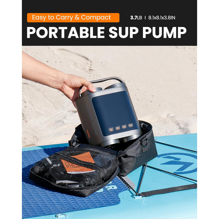 Електричний насос для SUP дошки OutdoorMaster Vortex: 20 PSI, 12V/15.8V, 8 насадок, для надування та здування, з автоматичним вимкненням та охолодженням