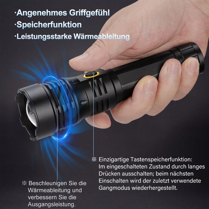 Тактичний ліхтарик ASORT 500000 люмен: USB-зарядний, Zoom, 6 режимів, водонепроникний IP67, з чохлом для кемпінгу та туризму