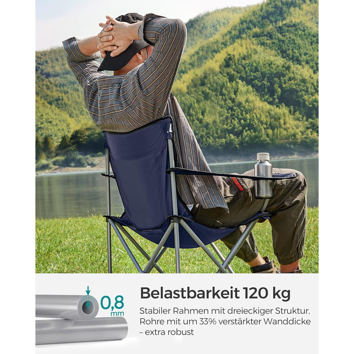 SONGMICS Крісла для кемпінгу, складні, для відпочинку на природі, зручні, з підлокітниками та тримачем для напоїв, стабільний каркас, вантажопідйомність 120 кг, 2 шт (Темно-синій)