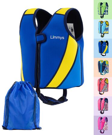 Дитячий рятувальний жилет Limmys для плавання (3-6 років), колір: королівський синій, обхват грудей 58-64 см. Неопрен, регульована плавучість, перевірена якість.