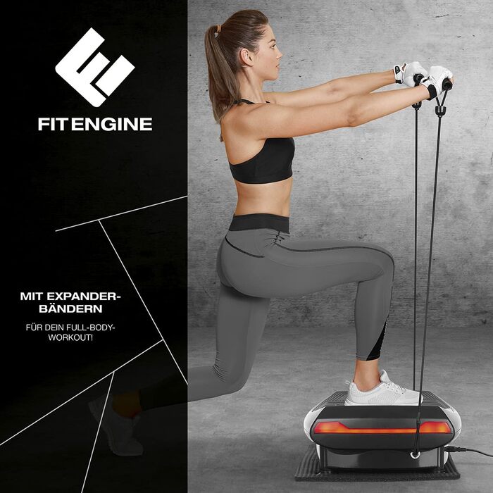 Платформа вібраційна FitEngine 4D з LED-підсвіткою, 60 рівнів інтенсивності, 4 режими, вигнутий дизайн, з браслетом і еспандерами, бездротове керування