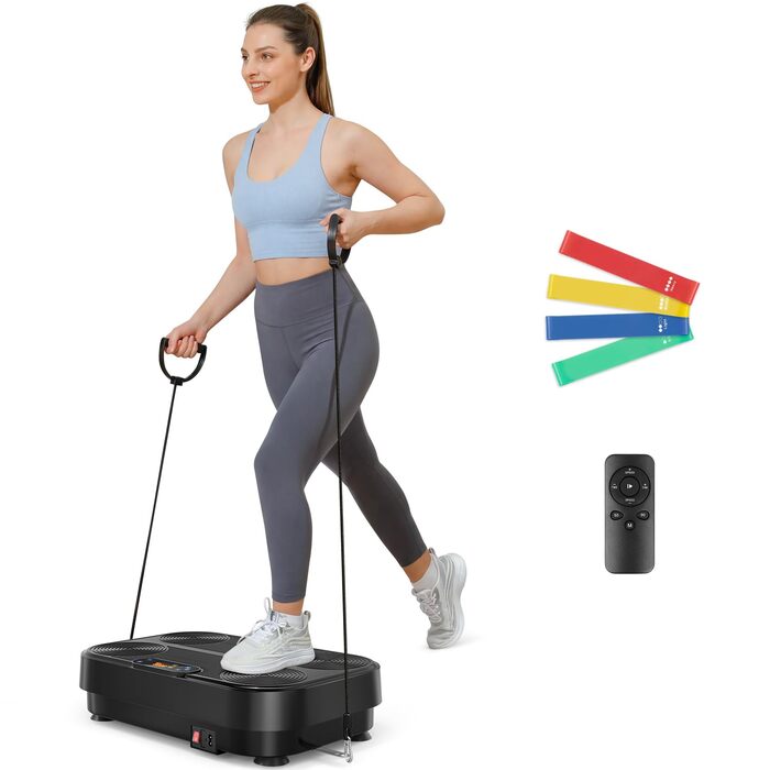 Віброплатформа Dripex для дому: тренування всього тіла, 99 рівнів інтенсивності + фітнес-гуми, компактна віброплатформа до 130 кг, чорна