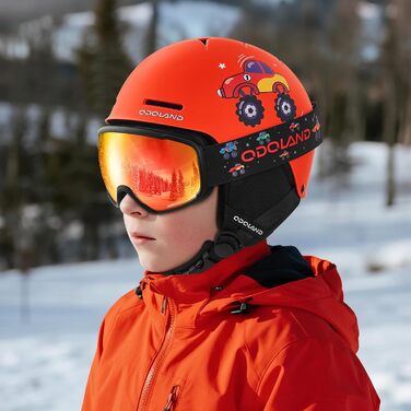 Дитячий гірськолижний шолом та маска Odoland, гірськолижний шолом для хлопчиків та дівчаток, регульований, помаранчевий (XS 49-53 см)