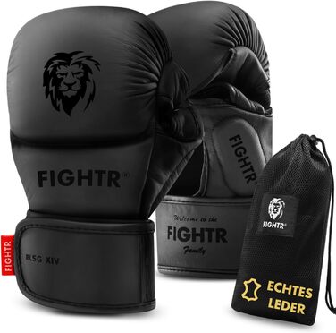 Боксерські рукавички FIGHTR MMA Pro зі шкіри для спарингу, максимальна стабільність, посилене ущільнення, для MMA, кікбоксингу та єдиноборств, чорні, розмір M, з чохлом