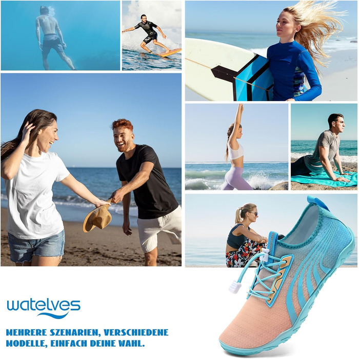 Аквашузи для плавання та серфінгу WateLves: чоловічі та жіночі, швидковисихаючі, унісекс, білі, фіолетові, оранжеві, блакитні, розмір 37 EU