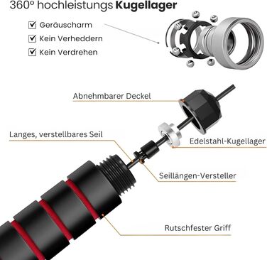 Стрибкове канат ALPHA PULL® з регулюванням - для фітнесу, тренувань, дорослих та дітей - з антиковзними ручками (червоний/чорний)