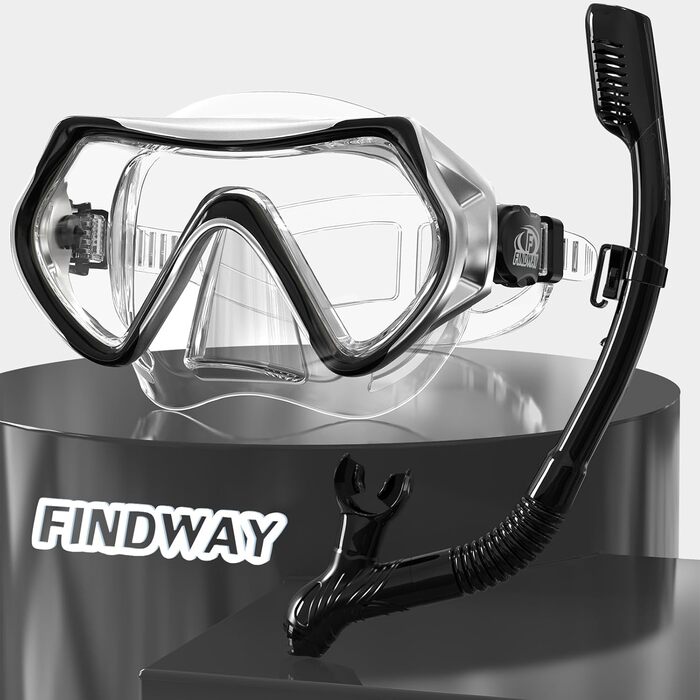 Маска для снорклінгу та дайвінгу Findway для дорослих та підлітків, з регульованим силіконовим ремінцем, HD скло, анти-затоплення, для плавання, снорклінгу та дайвінгу (срібно-чорний комплект)