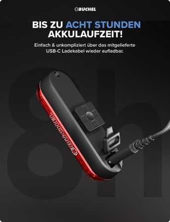 Велосипедне заднє світло Büchel LED, акумуляторне, сертифіковане StVZO, для велосипеда та електровелосипеда, з функцією показу гальмування