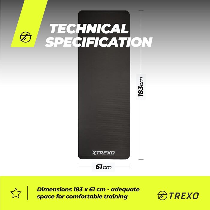 TREXO килимок для фітнесу NBR 183x61 см, 15 мм, чорний - для тренувань