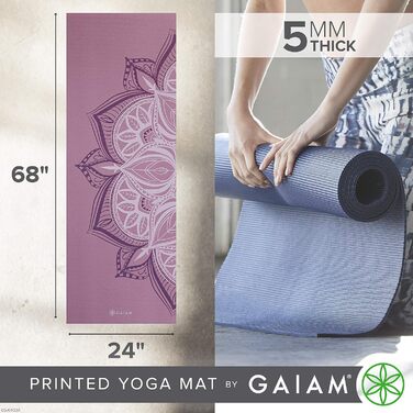 Йога мат Gaiam Premium 5 мм - Антиковзка тренувальна фітнес-мат для йоги, пілатесу та фітнесу (172,7 x 61 x 5 мм) - Колір: фіолетовий