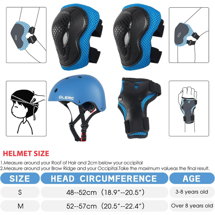 Дитячий шолом Glerc для хлопчиків та дівчаток, 48-52 см, регульований, блакитний, комплект наколінників