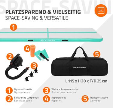 Гимнастичний мат Airtrack ECD Germany для тумблінгу та фітнесу, надувний мат для спорту та йоги з електричним насосом та сумкою, м'ятно-зелений (400 x 100 x 10 см)