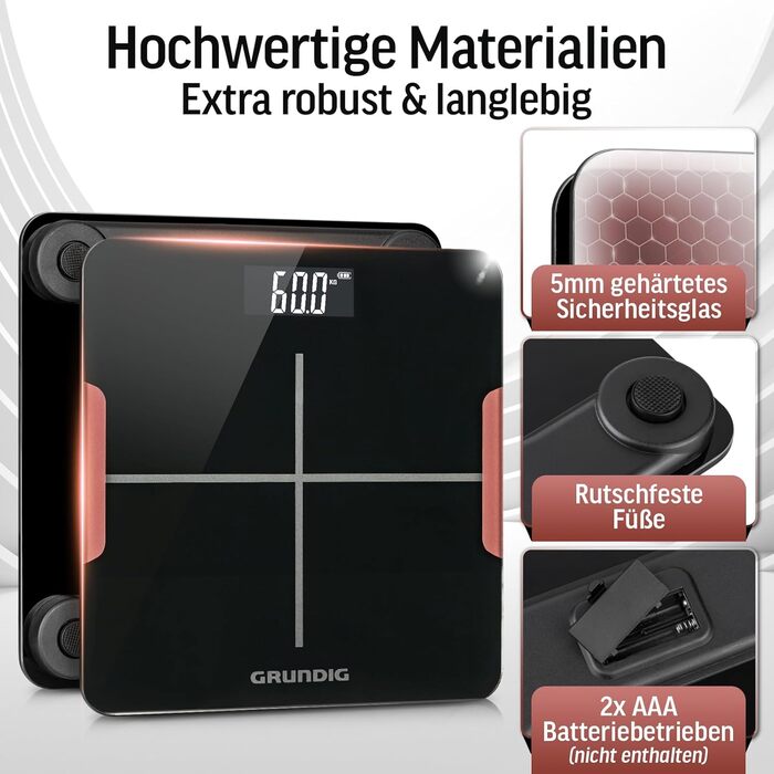Ваги Grundig: цифрова персональна вага до 180 кг з високоточними сенсорами, LCD-дисплей, чорний колір (без батарейок)