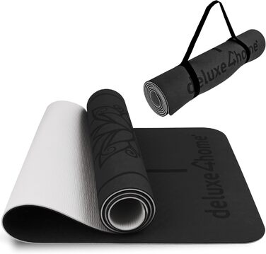 Килимок для йоги та фітнесу deluxe4home, нековзкий, з ременем для перенесення, для пілатесу і тренувань, з лініями вирівнювання, чорний