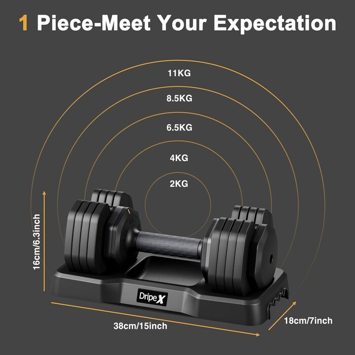 Набір гантелей Dripex: 11 кг, 24.5 кг, 41 кг. З антиковзним покриттям, регульованими дисками та підставкою. Для фітнесу, сірий колір