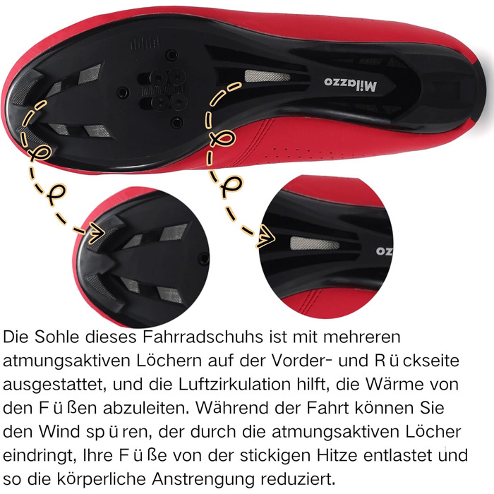 Чоловічі велотуфлі Milazzo для шосе, MTB та велотренажера – дихаючі, сумісні з SPD, SPD-SL та Look Delta педалями, червоні, 46 EU