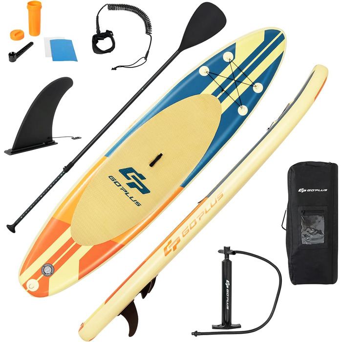 Надувна SUP-дошка RELAX4LIFE 335x76x15 см з веслом, рюкзаком, насосом, ремкомплектом та 3 плавниками, жовта – для початківців і професіоналів