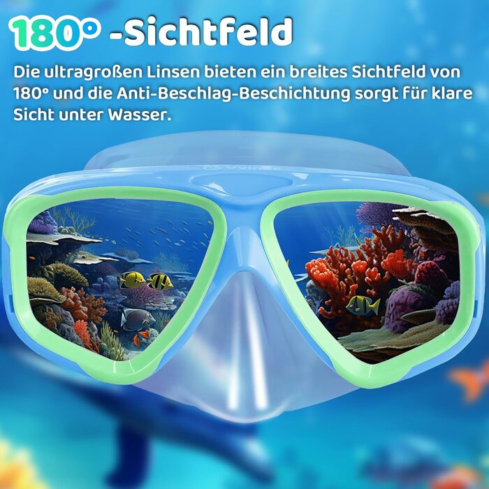 Дитячі окуляри для плавання Vvinca з захистом носа та текстильним ремінцем, ударостійкі, проти запотівання та водонепроникні, для дітей 3–14 років (03-Blue Green)