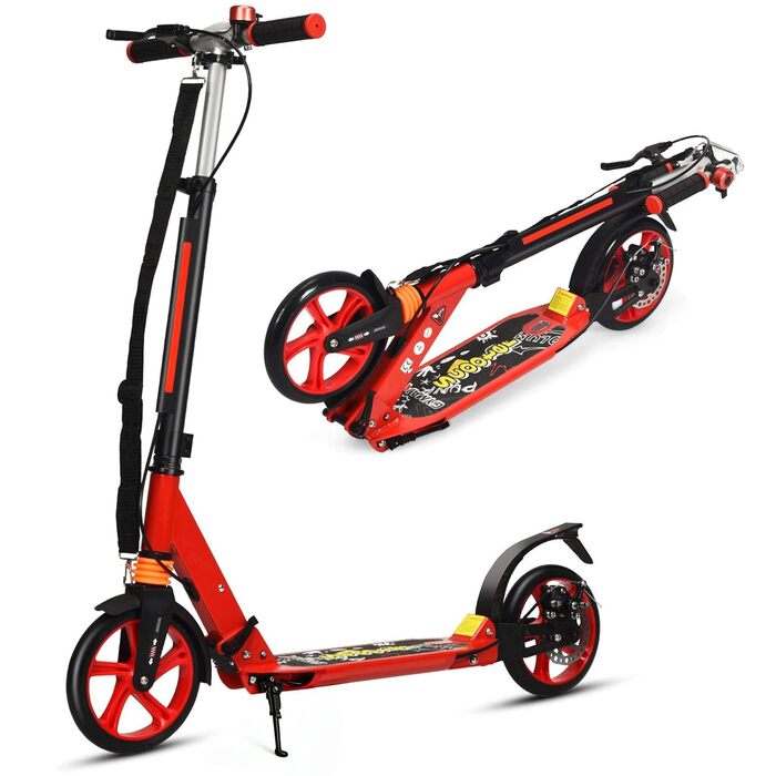 GOPLUS Ролер Кіндер 8 років, міський ролер для дітей, підлітків та дорослих до 100 кг, 3-рівневий регульований ролер, складаний самокат з колесами 200 мм, гальмо на задньому колесі та ремінь (Червоний)