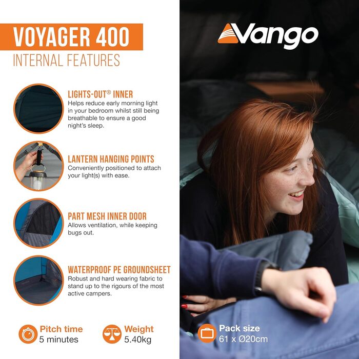Намет Vango Voyager 400 Tunnel: 4-місний, водонепроникний, синій для кемпінгу та пригод